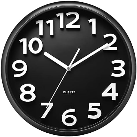 Plumeet 13'' Black Wall Clock, Large Battery Operated Wall Clocks Silent Non-Ticking Quartz, Modern Style Suitable for Bedroom Living Room Office Decor - 3D Numbers Display Easy to Read