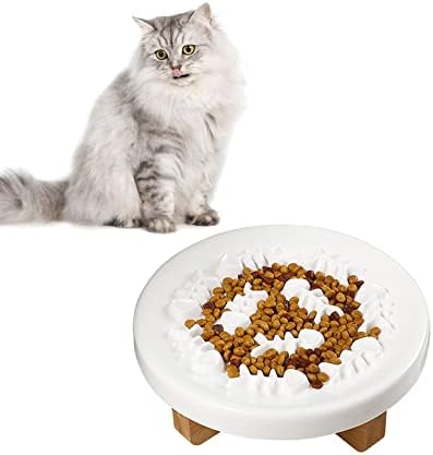 BNOSDM Raised Slow Feeder Cat Bowl with Wooden Stand, Weighted Ceramic Elevated Slow Eating Dish Pet Cat Food Bowl Set for Indoor Kitten Puppy Small Dog