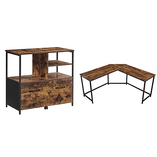 Vasagle Lateral File Cabinet, Rustic Brown + Black & L-Shaped Computer Desk, 58-Inch Corner Desk For Study, Home Office Writing Workstation, Gaming Table, Space-Saving, Rustic Brown And Black Ulwd73X #TOP20