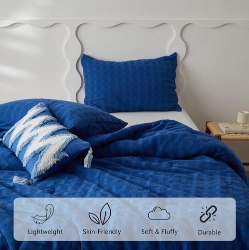 Image of Simple&Opulence 100% Cotton Waffle Weaving Comforter Set-2 Pieces Bedding Set(1 Comforter and 1 Pillowcase), Lightweight Soft Breathable Comforter Bed Sets for All Season(Navy Blue, Twin)