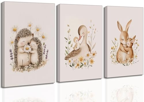 3 Pcs Animal Nursery Canvas Wall Art Watercolor Baby Animals with Wildflowers Painting Picture Wall Decor Cute Rabbit Hedgehog Duck Nursery Paintings Artwork for Kids, Baby Room Home Decoration