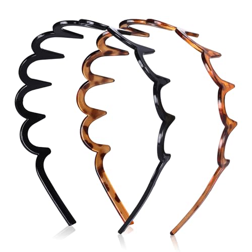 Botanikind 2 Pack Zig Zag Headbands for Women Non-Slip Wavy Plastic Hair Comb Headbands with Teeth U-Shape High Cranium Korean Style Classic 90s Hair Accessories Gifts for Women (Black & Brown)