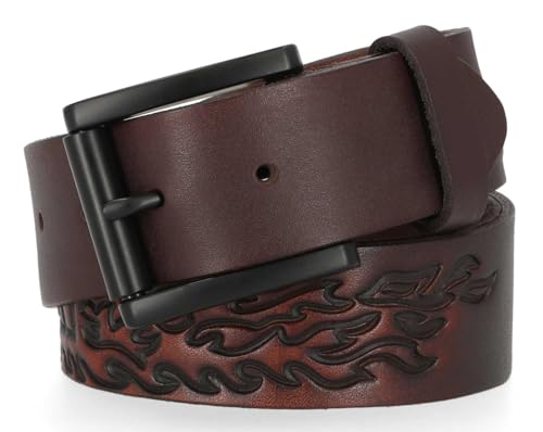 Harley-Davidson Men's Tooled Flames H-D Logo Genuine Leather Belt - Brown