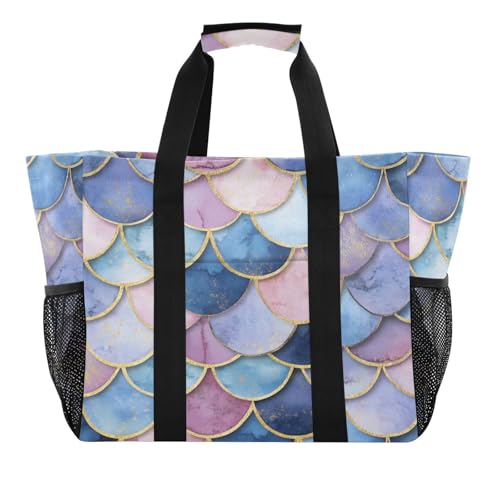 Large Waterproof Travel Tote Bag for Women Men, Watercolor Pink Blue Mermaid Scales Canvas Beach Bag with Lining & Pockets - Reusable Grocery/Laundry/Kitchen/Pool/Picnic Tote (15.4x9.8x12.8i