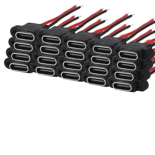 QCCAN 20pcs USB 3.1 Connector Type-C 2Pin Welding Wire Female Waterproof Female Socket Rubber Ring High Current Fast Charging Port (2 pin)