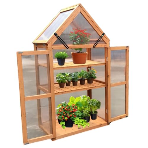 Coemo Holz-Gewächshaus Jan – Stilvolles Design, 65x40x120 cm, Farbe Braun, Aufklappbare Türen und Dach, Winterschutz Gewächshaus -Wetterfestes Pflanzenhaus für Kräuter, Tomaten & Setzlinge