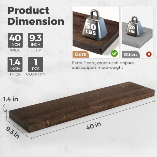 Image of RICHFOCUS Elm Floating Shelves for Wall - 40 inch W x 9.3 inch D Rustic Solid Wood Shelves with Invisible Bracket, Wall-Mounted for Living Room, Bedroom, Kitchen Storage & Display, Set of 1, Walnut