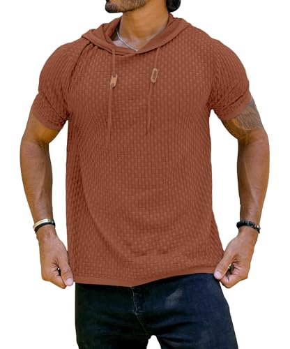 Zaitun Men's Short Sleeve Hoodie Shirt Casual Waffle Knitted Pullover Sweater Dark Coffee