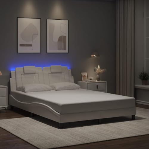 vidaXL Bettgestell, Bett Viana mit LED ohne Matratze, Bettrahmen mit Lattenrost Wellenform, Doppelbett für Schlafzimmer, Weiß 140x200cm Kunstleder