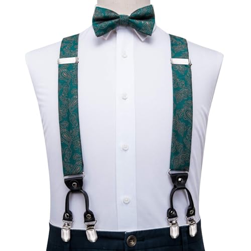Image of Hi-Tie Men Suspender Bowtie Set Suspenders Pre-tied Bow Tie Pocket Square Cufflinks Adjustable Y Shape 6 Clips Braces Tuxedo