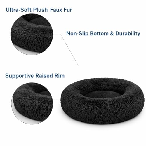 Image of ZEXSAZONE Black Plush Dog Bed Summer - Anti-Anxiety Round Donut Pet Bed with Raised Edges | Soft Faux Fur Calming Bed for Puppies, Cats & Small Dogs | Machine Washable