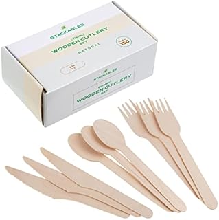 STACKABLES ~ Disposable Wooden Cutlery Sets ~ 150 Piece Forks Spoons & Knives 50 of Each ~ 16cm Bamboo Biodegradable Compostable Eco Friendly Cutlery Set