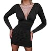 GOBLES Women's Sexy Long Sleeve V Neck Ruched Bodycon Mini Party Cocktail Dress Black