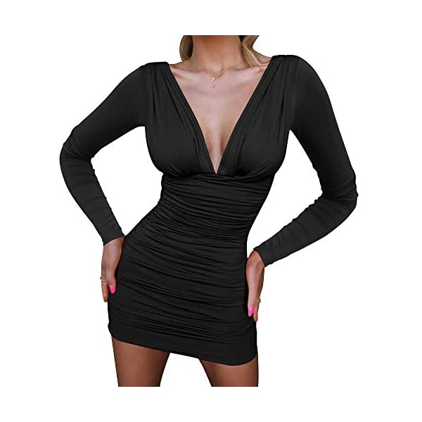 GOBLES Women's Sexy Long Sleeve V Neck Ruched Bodycon Mini Party Cocktail Dress Black