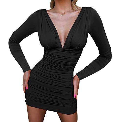 GOBLES Women's Sexy Long Sleeve V Neck Ruched Bodycon Mini Party Cocktail Dress - Image 3