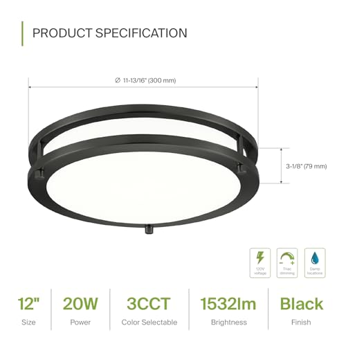 Image of ASD LED 12 inch Round Flush Mount Lighting, Close to Ceiling Light Fixture | 3CCT, Dimmable, Energy Star, ETL Listed | 20W 1532LM 3000-5000K 120V | Low Profile Double Ring Lamp | Black