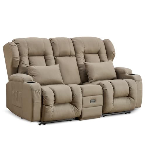 Image of IPKIG 67 inch RV Loveseat Double Recliner Sofa with FILP Back Console, Storage Drawer, Side Pockets, Lychee Pattern Tech Fabric Manual Reclining Chair Home Theater Seating (Khaki)