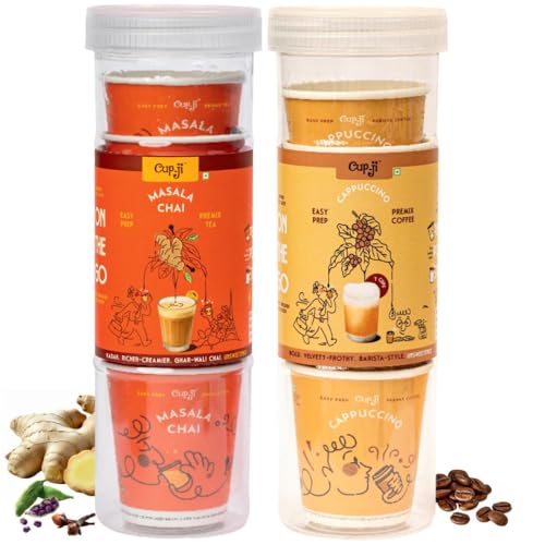 Image of Cup-Ji Instant Masala Chai & Cappuccino Combo | Instant Tea & Coffee Premix | Kadak Gharwali Chai & Cafe Style Coffee | No Added Sugar | Travel Friendly | 14 Cups Each Cup Size 210 ml