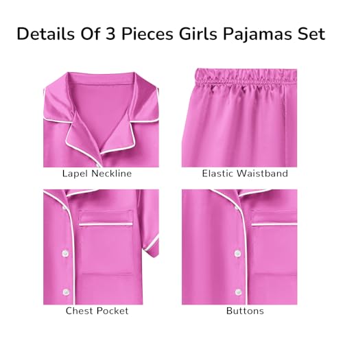 LQSZ 3-Piece Girls Pajamas Set Soft Silk Satin Short Sleeve Button-Down Sleepwear Nightwear Loungewear for Kids 3-12 Years4