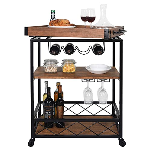 Usinso Industrial Kitchen Serving Carts Rolling Bar Cart With 3 Tier Storage Shelves Bar Carts For The Home With Wine Glass Holder,Lockable Caster Liquor Cart Removable Top Box Container #TOP2
