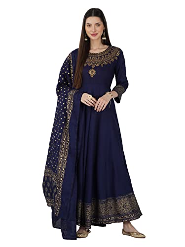Anarkali Kurta bleu avec dupatta pour femme costume imprimé doré Aashita Creations