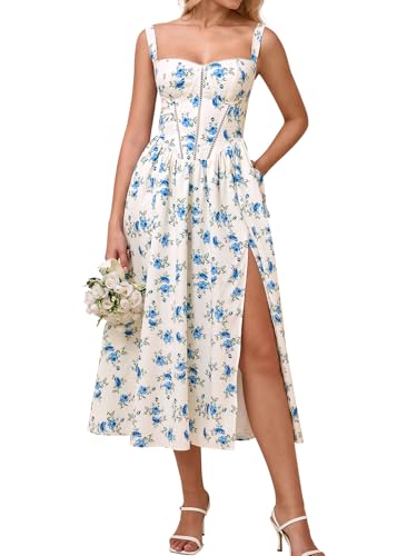 Image of KUTUMAI Floral Corset Midi Dress Flowy Slit Summer Spring Wedding Guest Dresses for Women Sundress with Pockets