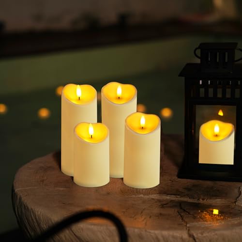 Image of Homemory Outdoor Waterproof Flameless Candles, LED Candles, Battery Operated Candles with Remote and Timers, Electric Fake Plastic Pillar Candles, Dark Ivory, D3 H4 5 inch 6 inch 8 inch 8 inch, Set of 5