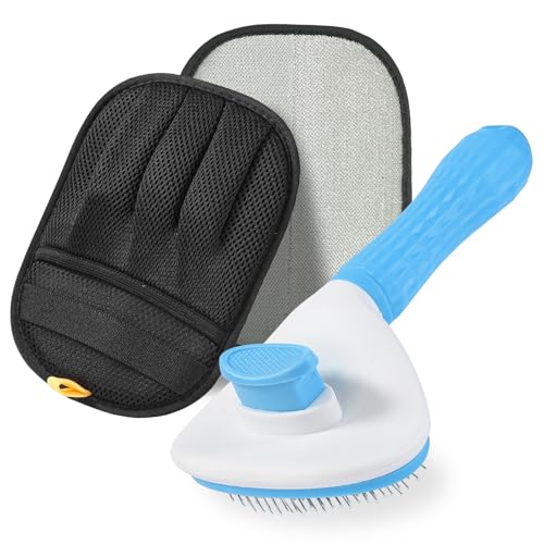 FOOCO Pet Hair Removal Glove & Brush Set – Self-Cleaning Slicker Deshedding Brush and Reusable Hair Removal Glove for Dogs, and Cats, Gentle Grooming Tool for Long & Short Haired Pets