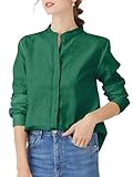 HOTEVE Green Button up Shirt Women Down Linen Shirts for Blouses Tops Cotton top Long Sleeve Summer Mandarin Collar Dark Green 030 Size XL
