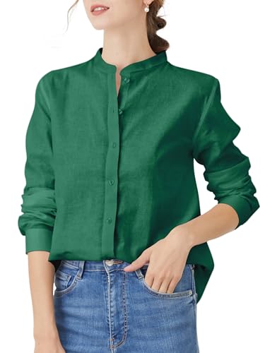 HOTEVE Green Button up Shirt Women Down Linen Shirts for Blouses Tops Cotton top Long Sleeve Summer Mandarin Collar Dark Green 030 Size XL