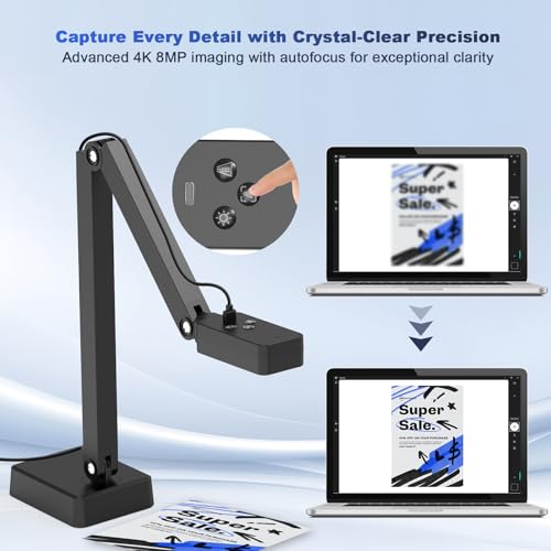 4K Document Camera for Teacher and Classroom, 8MP USB Webcam & Visualiser for A4 A3 Document, Doc Cam with Foldable Alloy Stand, Autofocus, LED Light & Mic, Work with Zoom, Mac, Windows, Chromebook - Thumbnail 2