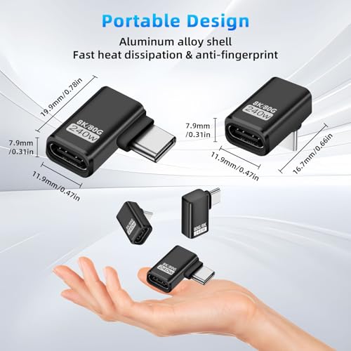 Puiseno USB-C Adapter, unterstützt Thunderbolt 5, USB 4 Gen 2, 240W, 80Gbps, kompatibel mit allen Geräten, seitlicher Winkel (2 Stück), vertikaler Winkel (1 Stück) - Schwarz