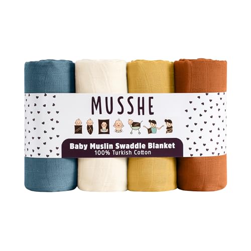 Image of Muslin Swaddle Blankets - 4 Pack, 100% Organic Turkish Cotton Baby Blankets, Soft & Breathable Newborn Swaddles, Baby Wrap for Boys & Girls, Ideal for Sensitive Skin (4 Pcs, 40x40 Inch)