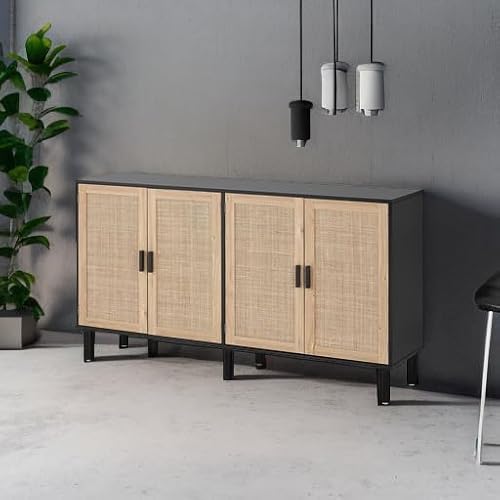 Finnhomy 4 Door Sideboard Buffet Cabinet, Kitchen Storage Cabinet with Rattan Decorated Doors, Cupboard Console Table, Boho Accent Liquor Cabinet, Bar Cabient, 62.3X 15.7X 34.6 Inches, Black - Thumbnail 5