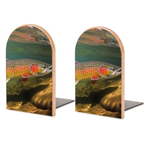 Brook Trout Fly Fishing Wood Bookends 1 Pair - 3.1" W X 5" H Non-Skid Book Ends for Shelves, Heavy Duty Wood & Metal Book Stoppers for Home Office Library Desk Organization