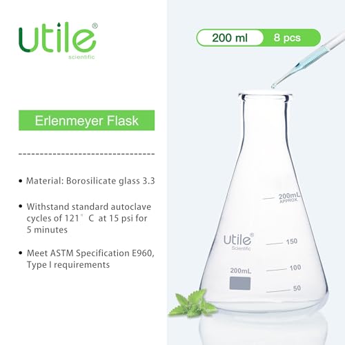 Utile 8pcs 200ml Glass Erlenmeyer Flask Set, Narrow Mouth Erlenmeyer Flasks, Borosilicate 3.3 Glass Conical Flasks for Laboratory with Printed Graduation, 4016.0200.8 - Thumbnail 2