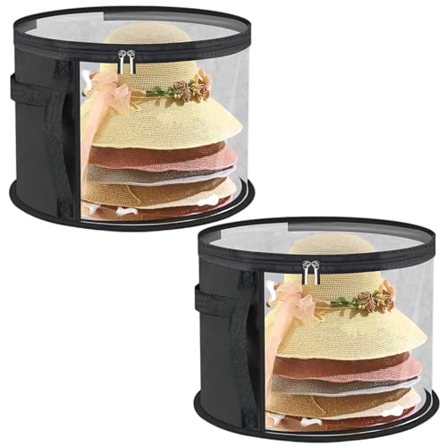 JZLEJC 2Pcs Hat Travel Case, Round Hat Box with Clear Lid & Window 16.5x10, Zipper Closure & Handle, Portable Non-Woven Storage Organizer for Home, Travel, Black