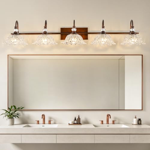 Image of 5-Light Antique Red Bronze Finish Bathroom Vanity Light, Vintage Vanity Light with Floral Clear Glass Shades, Retro Wall Mount Lighting for Bathroom, Dressing Table