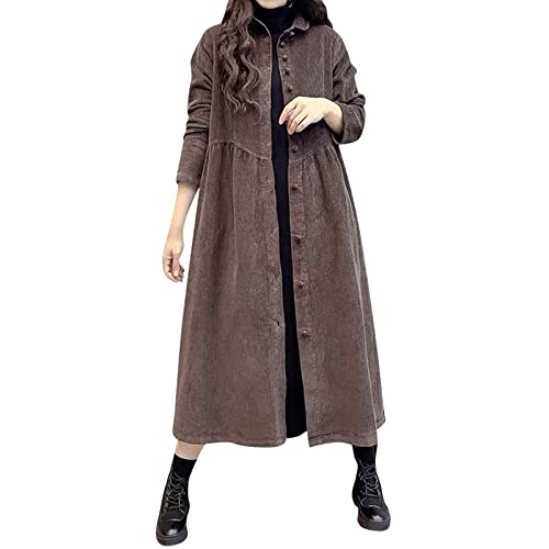 Winter Damen Jacke Einfache Mäntel für Damen, einfarbig, langärmelig, Cord, Inspiration, dicke, faltige Mäntel in Übergröße Hemdkleid Damen Langarm (Coffee, XL)