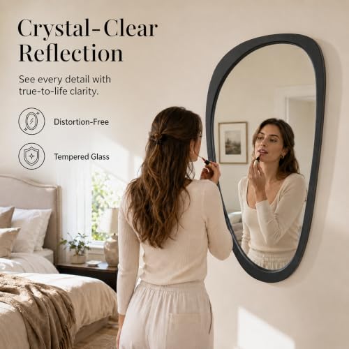 Image of Solid Wood 48x24 Matte Black Large Organic Irregular Wall Mirror | Large black statement adds modern contrast to bedroom walls, hallways, entryways, living rooms, dresser decor, black accents.