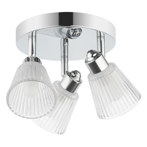 Polished Chrome & Clear Ribbed Glass Bathroom Vintage 3 Lamp Round Plate Ceiling Light | 20.5cm Diameter | IP44 Rating | 3 x G9 Lamp Bulbs Required | 240V UK | Flush Ensuite Lighting | Retro Vibe