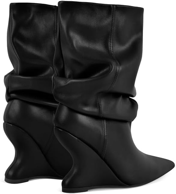 Women's Slouchy Mid Calf Boots Pointed Toe Pull On Wide Calf Wedge Booties Ruched Short Boots for Fall Winter Casual Dress