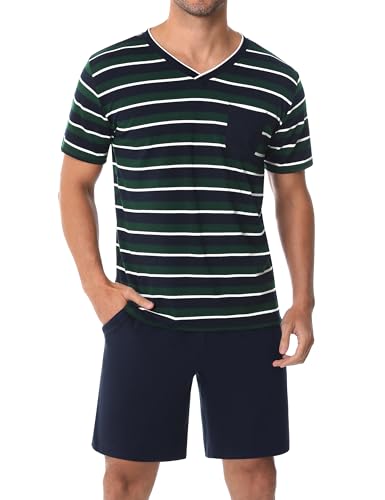 Leversic Verano Conjunto de Pijama Hombre Ropa de Dormir de Algodón Camisetas de Pijama a Rayas de Manga Corta y Pantalones Cortos para Dormir con Bolsillos(Verde,XXL)