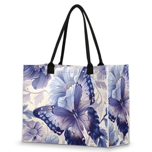 Purple Butterfly Abstract Flower Tote Bag for Women Large Beach Bag Reusable Tote Bags for Work Travel Beach Shopping