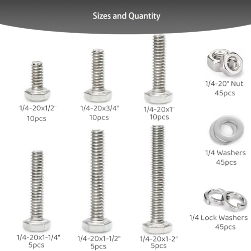 Image of 180 pcs SAE Stainless Steel Nuts and Bolts Assortment Kit, Including 6 Sizes 1 /4-20 Hex Bolts,Flat Washers, Lock Washers. Packaged by Plastic Box, Made by 304 Stainless Steel
