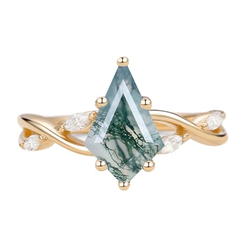 Aihpos 1ct 1.5ct 2ct Moss Agate Engagement Ring - Kite Cut Moss Agate Rings for Women White Yellow Rose 10K 14K 18K Gold Sterling Silver Gemstone Anniversary Proposal Ring for Her2