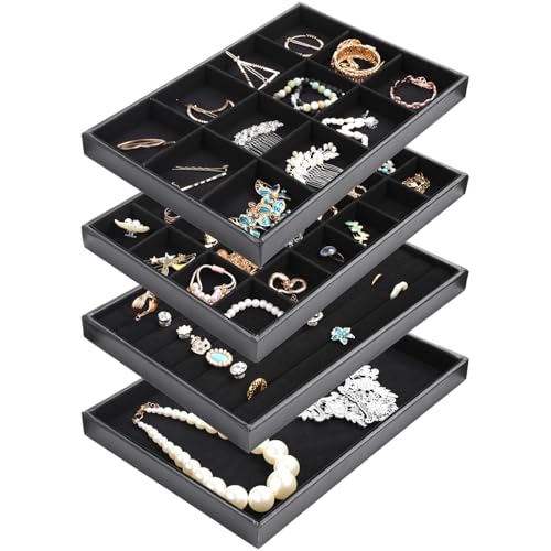 Juego de 4 soportes apilables para joyas, organizador de collares y aretes con 12 y 24 compartimentos, 13.8 x 9.4 x 1.2 pulgadas
