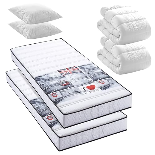 BLUE MOON Pack WESTEND 2 Matelas Mousse London 90x190 + 2 Couettes + 2 Oreillers. Mousse profilée 5 Zones de Confort. Épaisseur 15cm – Fabriqué en Belgique