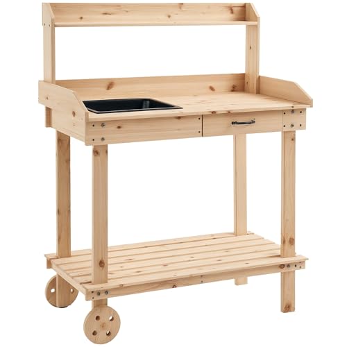 Outsunny Pflanztisch mit Schublade 2 Stufen Gärtnertisch mit waschbecken und Rollen Garten Tannenholz Natur 92 x 45 x 119 cm
