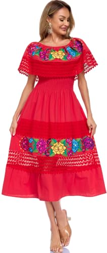 Image of YZXDORWJ Women Embroidered Mexican Peasant Casual Sexy Lace Off-Shoulder Long Dress